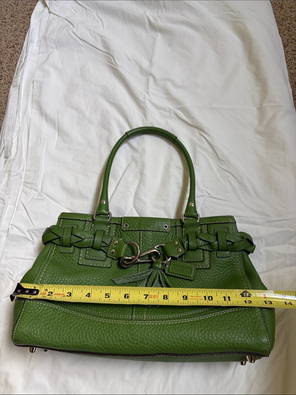 Coach Hamptons Green Pebbled Leather Braided Tassel Satchel F13084 - Picture 7 of 11